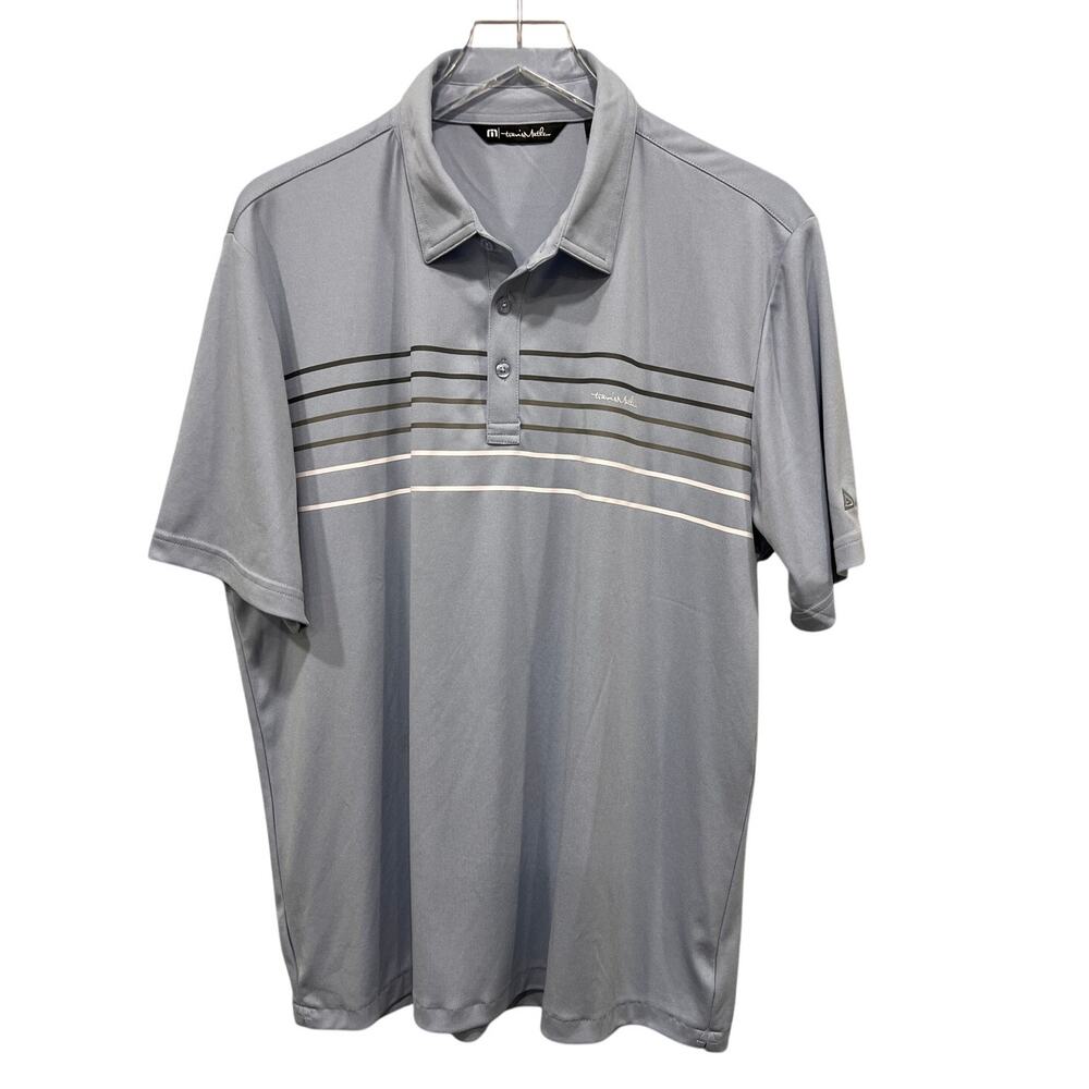 TravisMathew Men’s Polo Shirt XL Blue Gray Striped Golf Performance Aztec Logo